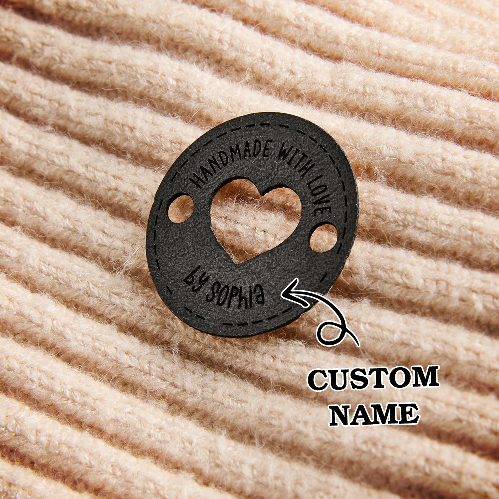 Engraved PU leather craft labels with custom text for knitters, crocheters, and sewing artisans. Perfect for handmade product branding.