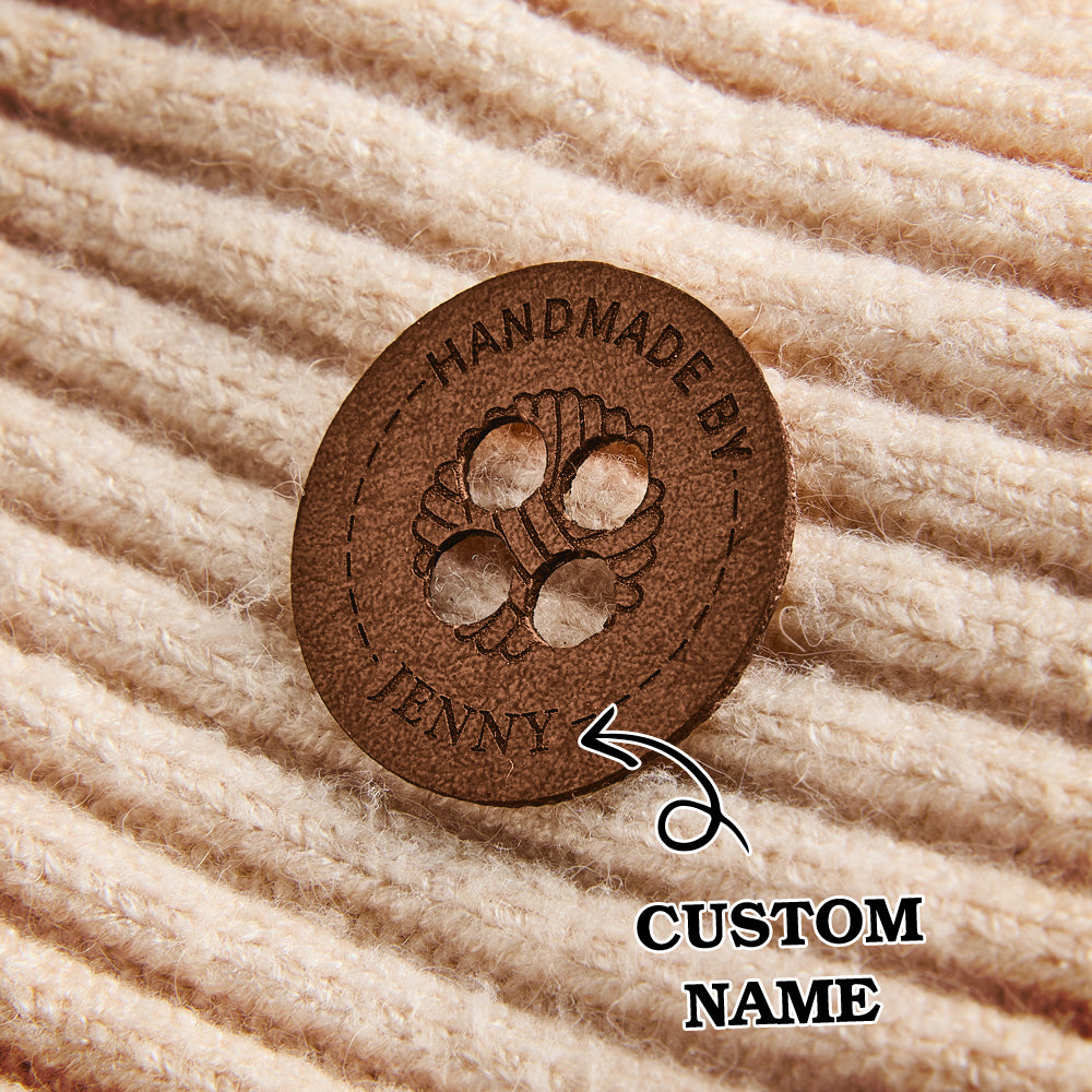 Personalized PU leather craft tags for handmade goods. Custom engraving available for knitters, crocheters, and small businesses.