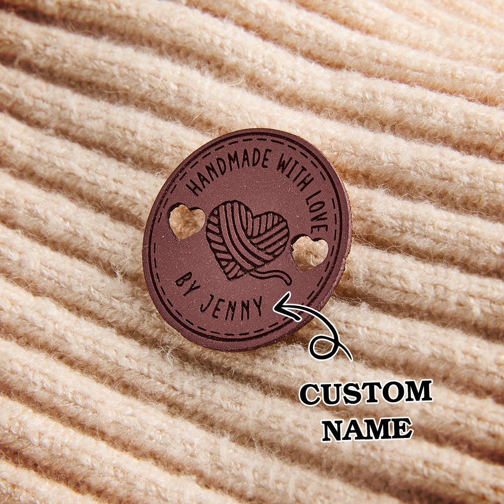 Durable leather sewing labels with custom name engraving. Ideal for crochet and knitting projects, small business branding.