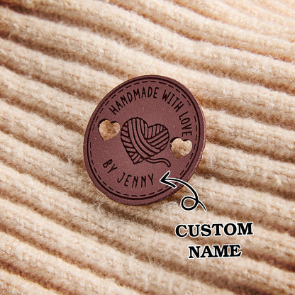 Durable leather sewing labels with custom name engraving. Ideal for crochet and knitting projects, small business branding.