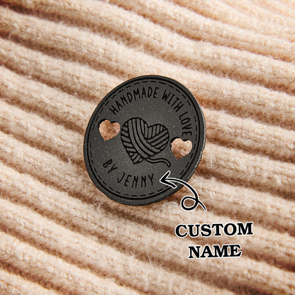 Custom engraved craft tags made from PU leather. Perfect for knitting, crochet, and sewing artisans looking for professional branding.