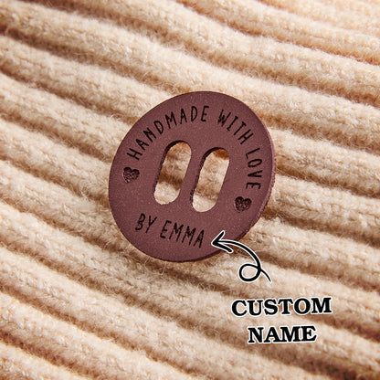 Personalized faux leather craft tags with custom engraving. Perfect for knitters, small business branding, and handmade accessories.