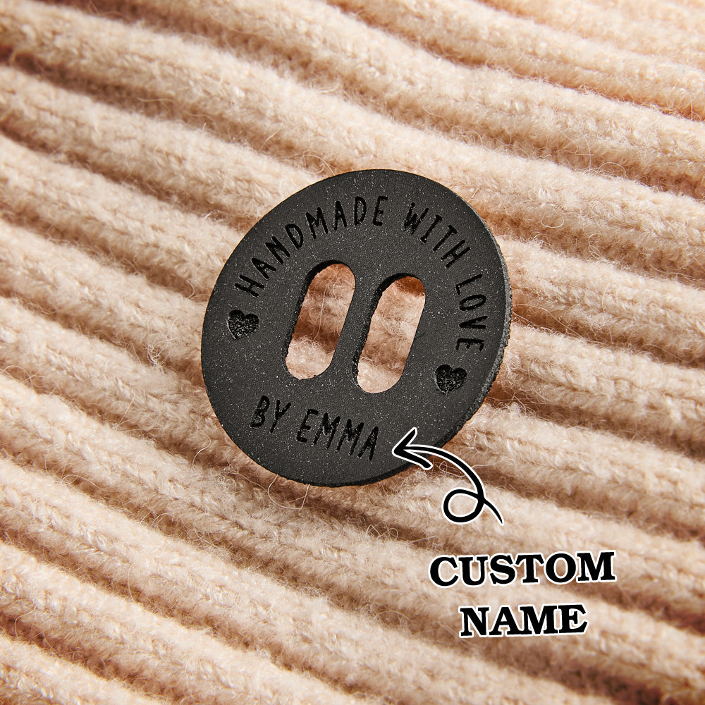 Engraved synthetic leather sewing labels for handmade garments, knitted scarves, crocheted blankets, and DIY crafting projects.