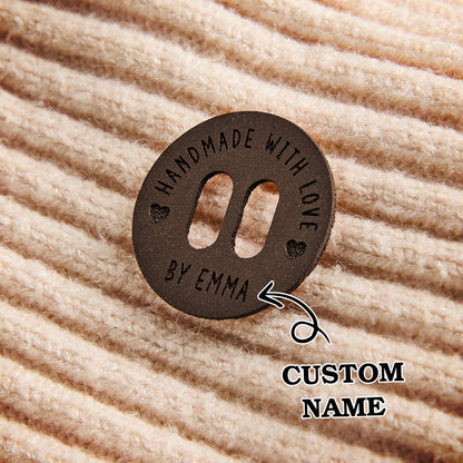 Custom name labels for crafters made from durable leatherette. Great for branding handmade clothing, bags, and fiber art creations.