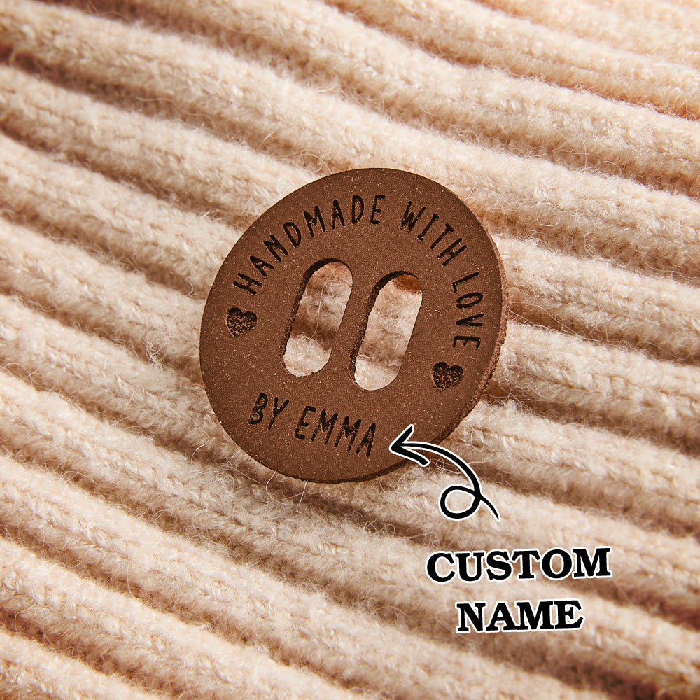 Vegan leather product tags with custom engraving. Perfect for knitting, crochet, sewing, and DIY fabric creations.