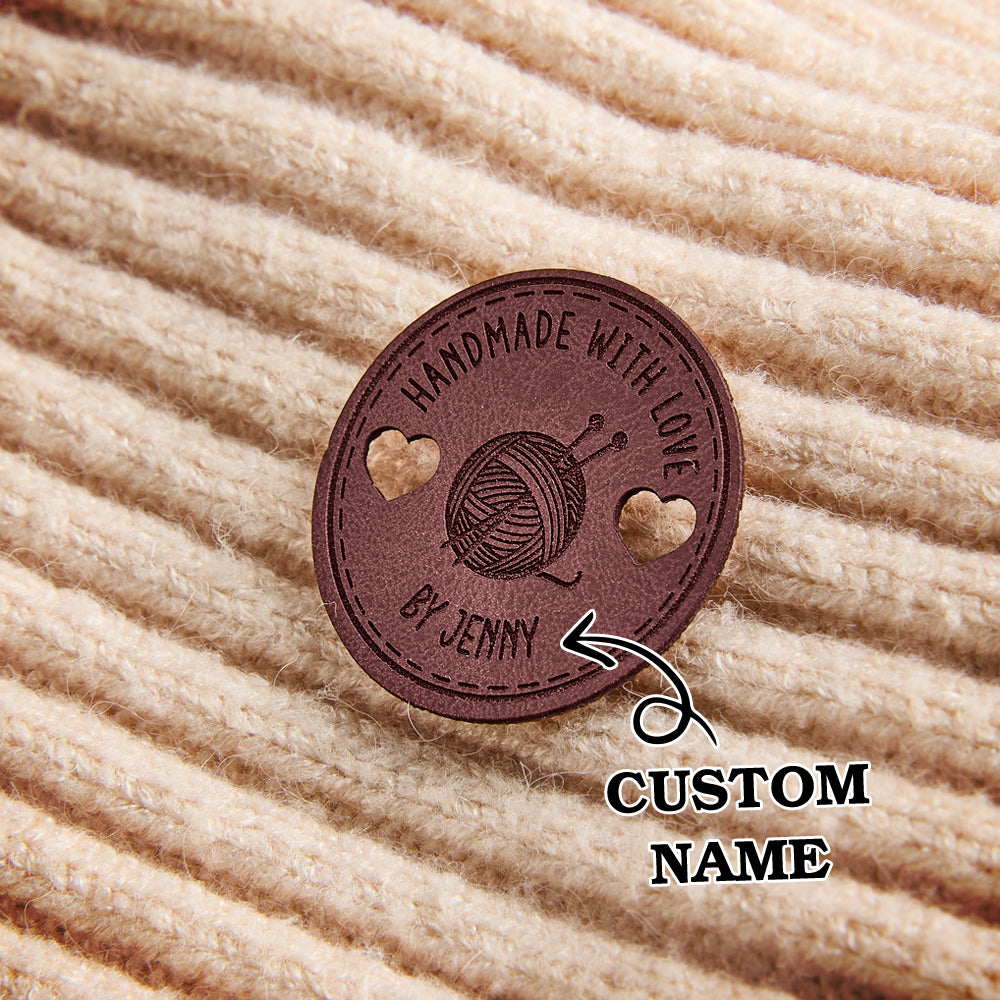 Handmade garment labels for knitwear, crochet, and sewing projects. Personalized vegan leather tags for professional branding.