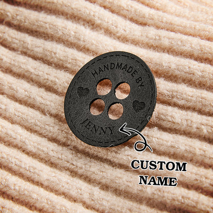 Custom faux leather knitting labels for small business owners. Perfect for handmade crochet items and sewing accessories.