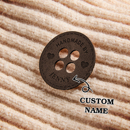 Personalized vegan leather name tags for handmade business branding, knitting projects, and fiber arts.