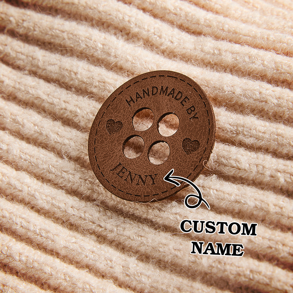 Engraved leatherette sewing labels for knitwear, DIY crochet accessories, and clothing branding.