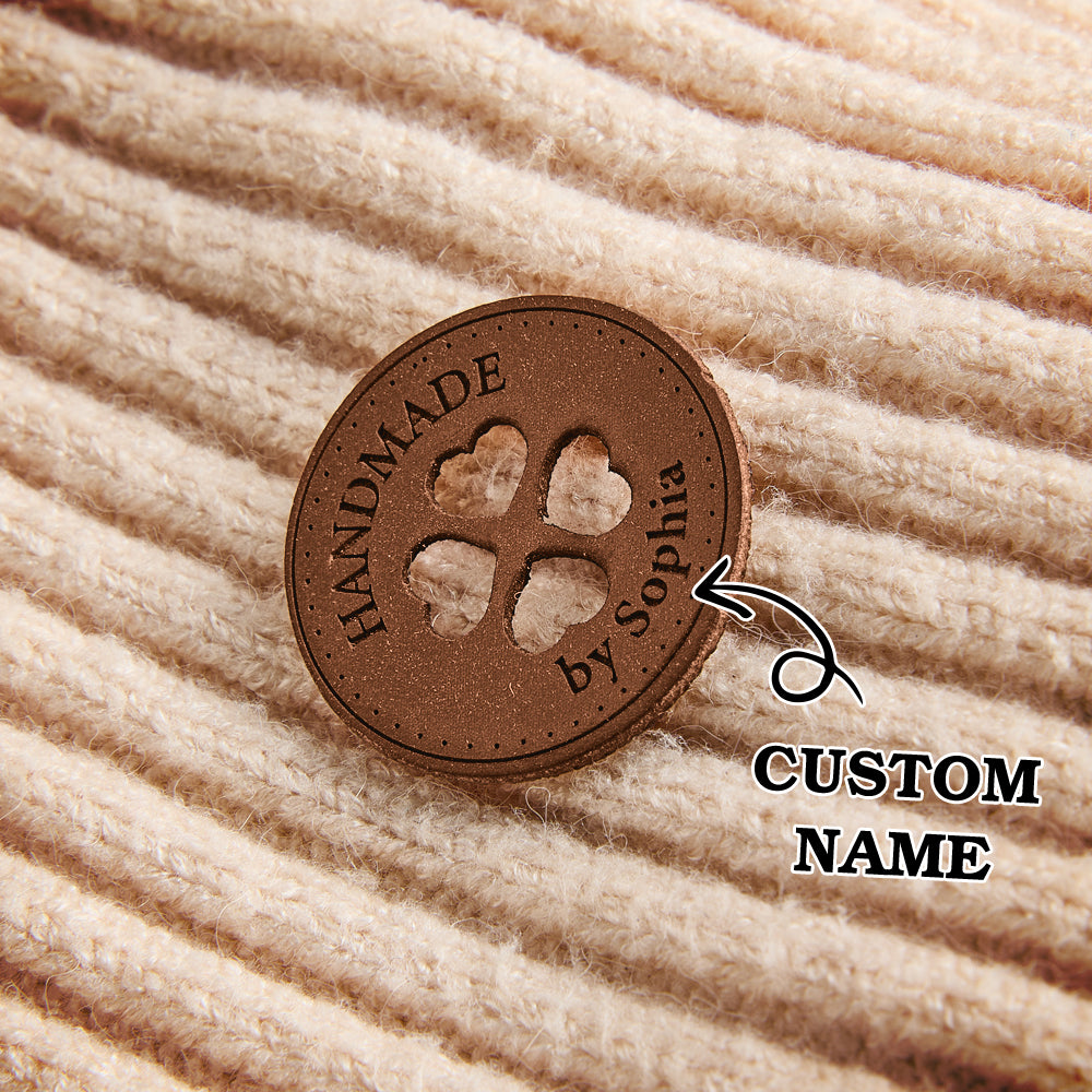 Personalized faux leather labels for fiber artists and small businesses. Perfect for crochet, knitting, and handmade product branding.