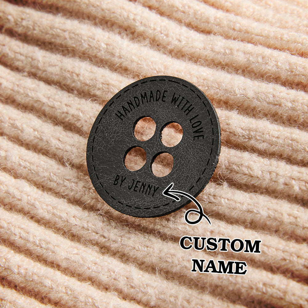 Handmade leatherette craft labels with custom name engraving. Ideal for artisan sewing, crochet, and knitting projects.