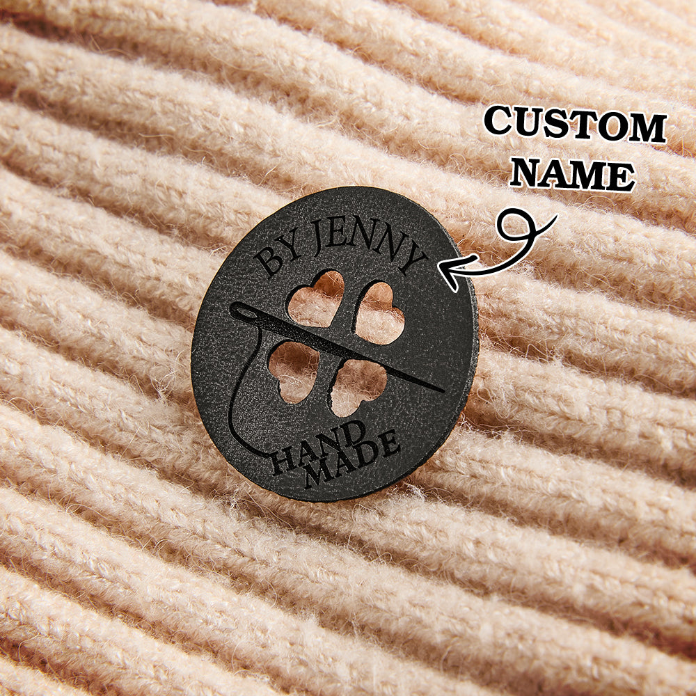 Personalized vegan leather labels with custom engraving. Perfect for knitwear, fiber art projects, and handmade garment branding.