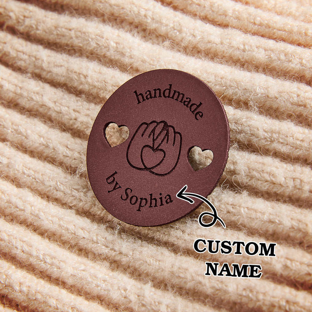 Engraved PU leather knitting labels for branding handmade scarves, sweaters, and fiber art designs.