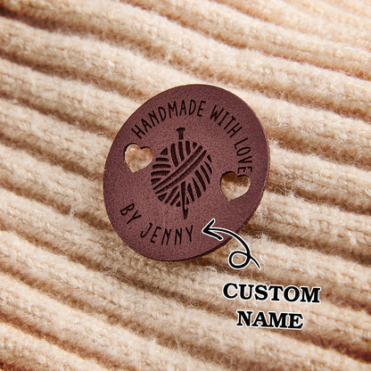 Custom vegan leather garment tags for fiber artists, knitters, and crocheters. Perfect for handmade product branding.