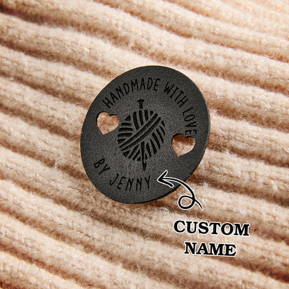 Durable PU leather knitting labels with custom engraving. Ideal for crochet businesses, artisan crafters, and handmade designers.