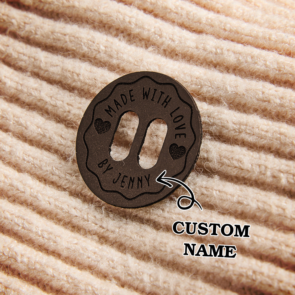 Engraved PU leather knitting labels for scarves, sweaters, and personalized fiber art products.