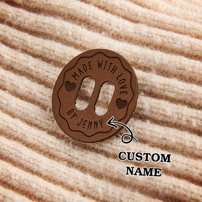 Custom faux leather garment labels for small business owners who create handmade sewing, crochet, and knitting projects.