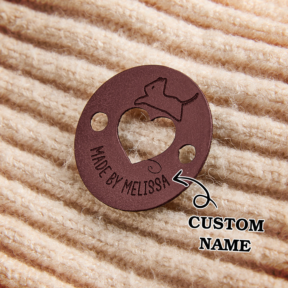 Personalized leatherette sewing labels for DIY fashion designers, crafters, and artisan product makers.