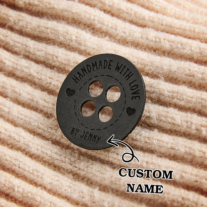 Custom leatherette tags for handmade craft fairs, knitting businesses, and crochet artisans.