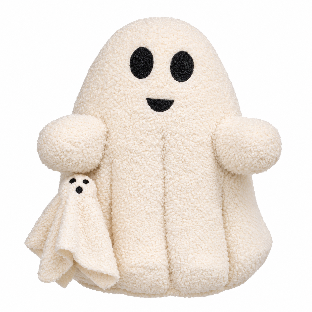 An off-white teddy bear plush ghost toy holding a small matching plush ghost, set against a solid white background.
