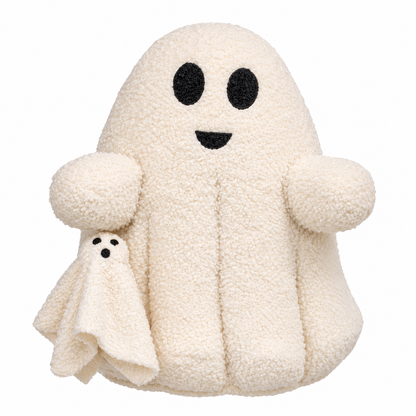 An off-white teddy bear plush ghost toy holding a small matching plush ghost, set against a solid white background.
