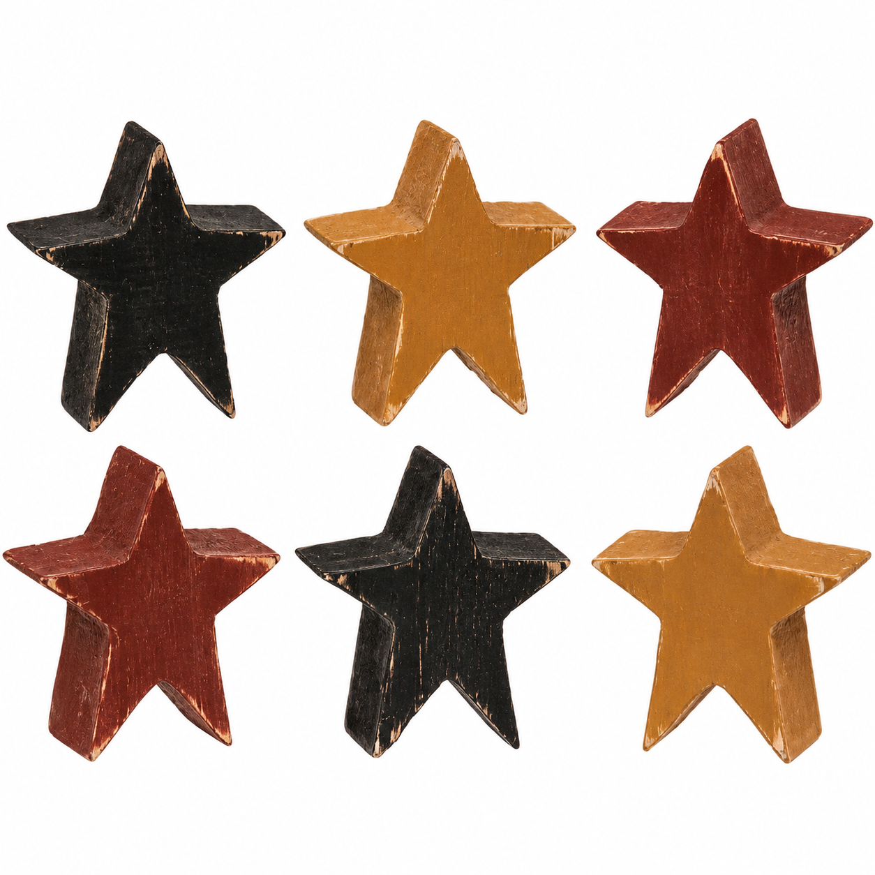 Small distressed wood star accents in mustard, burgundy and black for primitive country decorating.