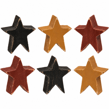 Small distressed wood star accents in mustard, burgundy and black for primitive country decorating.