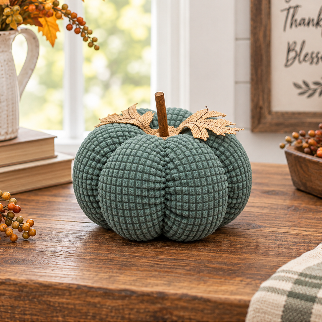 A ribbed sage green fabric decorative pumpkin sits on a wooden table in a cozy autumn-themed room setting with fall decor, berries, books, and a framed sign.