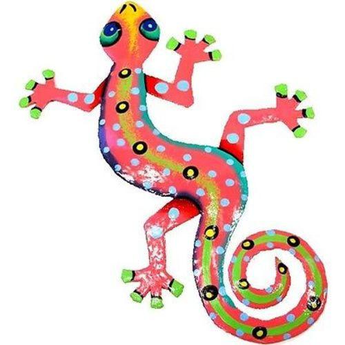 Handmade pink metal gecko wall art crafted from recycled oil drums, featuring vibrant tropical colors and Fair Trade craftsmanship from Haiti.