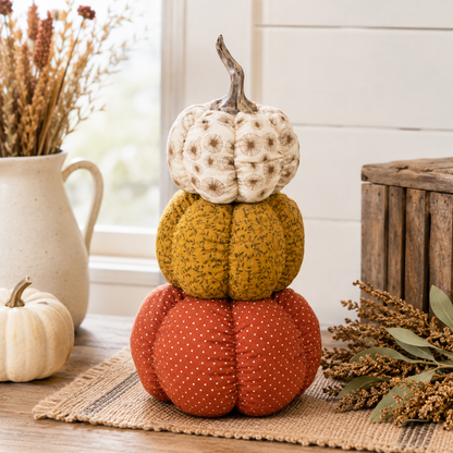 Three stacked fabric pumpkins in cream, mustard yellow, and rust orange with white polka dots, styled on a burlap runner on a wooden table with autumn decor.