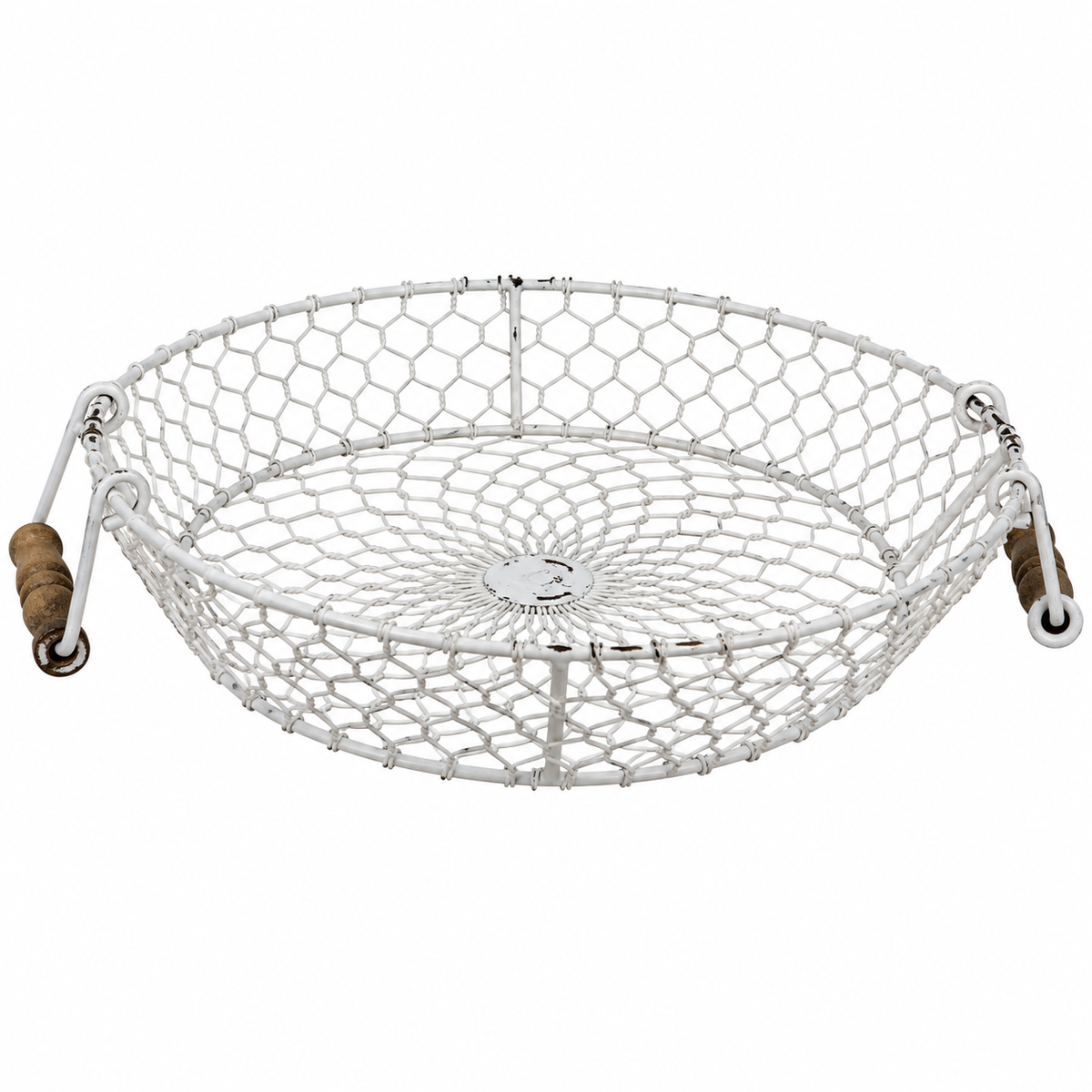 A white metal mesh basket with a hexagonal pattern, featuring two side handles wrapped in brown material, shown on a plain white background.