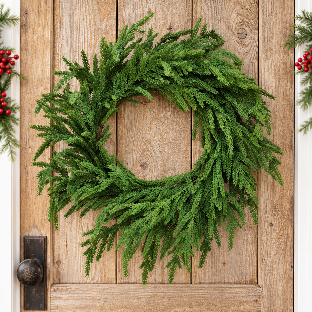 A lush green pine wreath hanging on a rustic wooden door, with red berries and greenery visible at the edges.