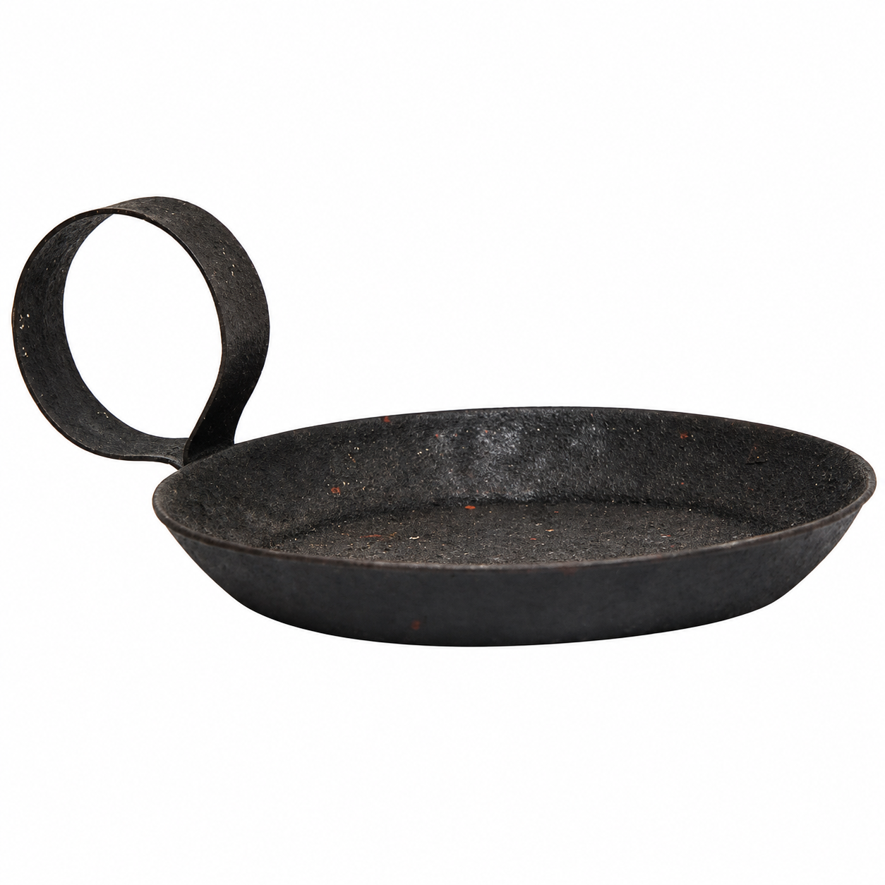 A dark cast iron skillet with a unique circular loop handle, shown on a solid white background.