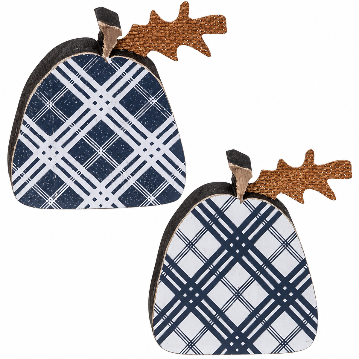 Two decorative pumpkin-shaped ornaments with a navy blue and white plaid pattern and textured brown faux-wood stems, shown on a plain white background.