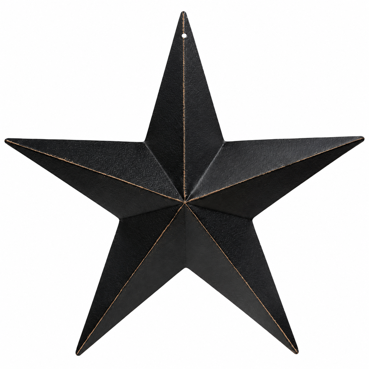 A black metal five-point star wall hanging with a rustic distressed finish and subtle gold-toned edging, shown against a plain white background.