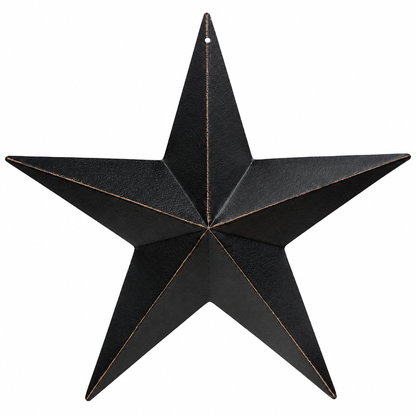 A black metal five-point star wall hanging with a rustic distressed finish and subtle gold-toned edging, shown against a plain white background.
