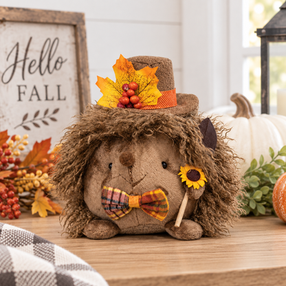 A plush hedgehog decoration styled for autumn, wearing a brown hat with orange and yellow leaves, a plaid bow tie, and holding a sunflower, displayed on a wooden surface with fall decor.