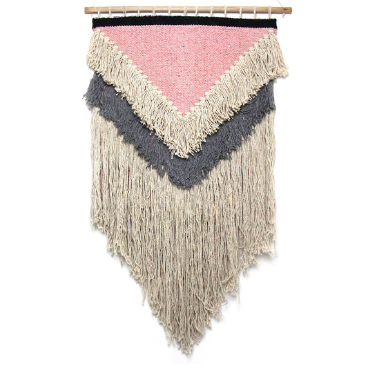 Handwoven boho wall hanging in pink and cream, crafted from recycled cotton with a neutral fringe.