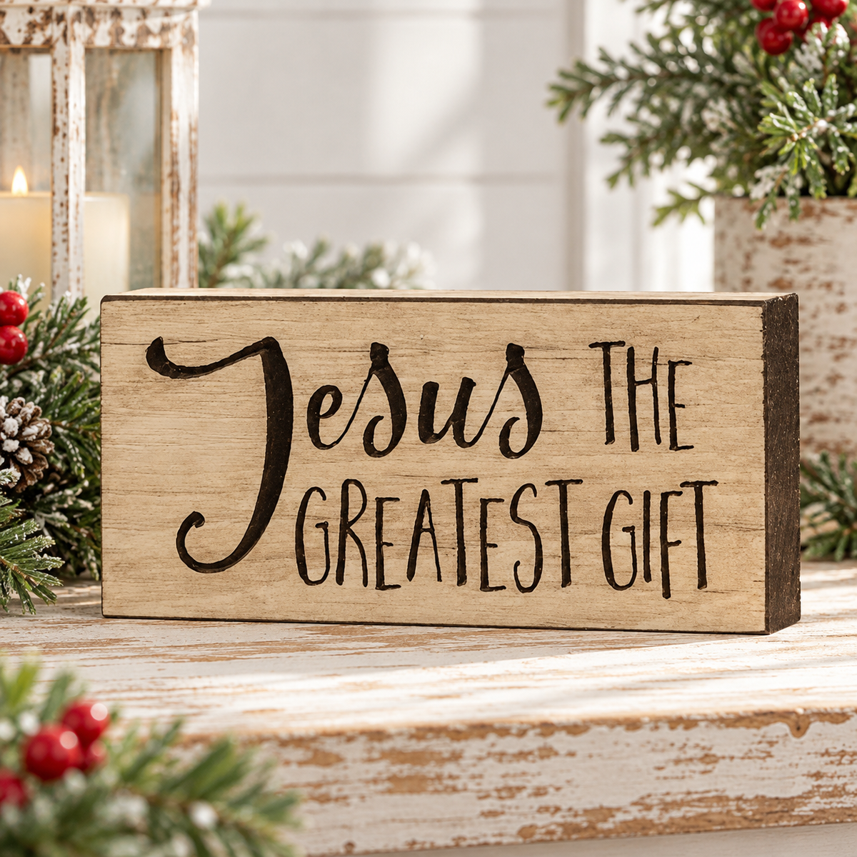 A rectangular light wood sign with the phrase 'Jesus THE GREATEST GIFT' in black script and block lettering, displayed on a rustic white wooden surface with holiday greenery and candles in the background.