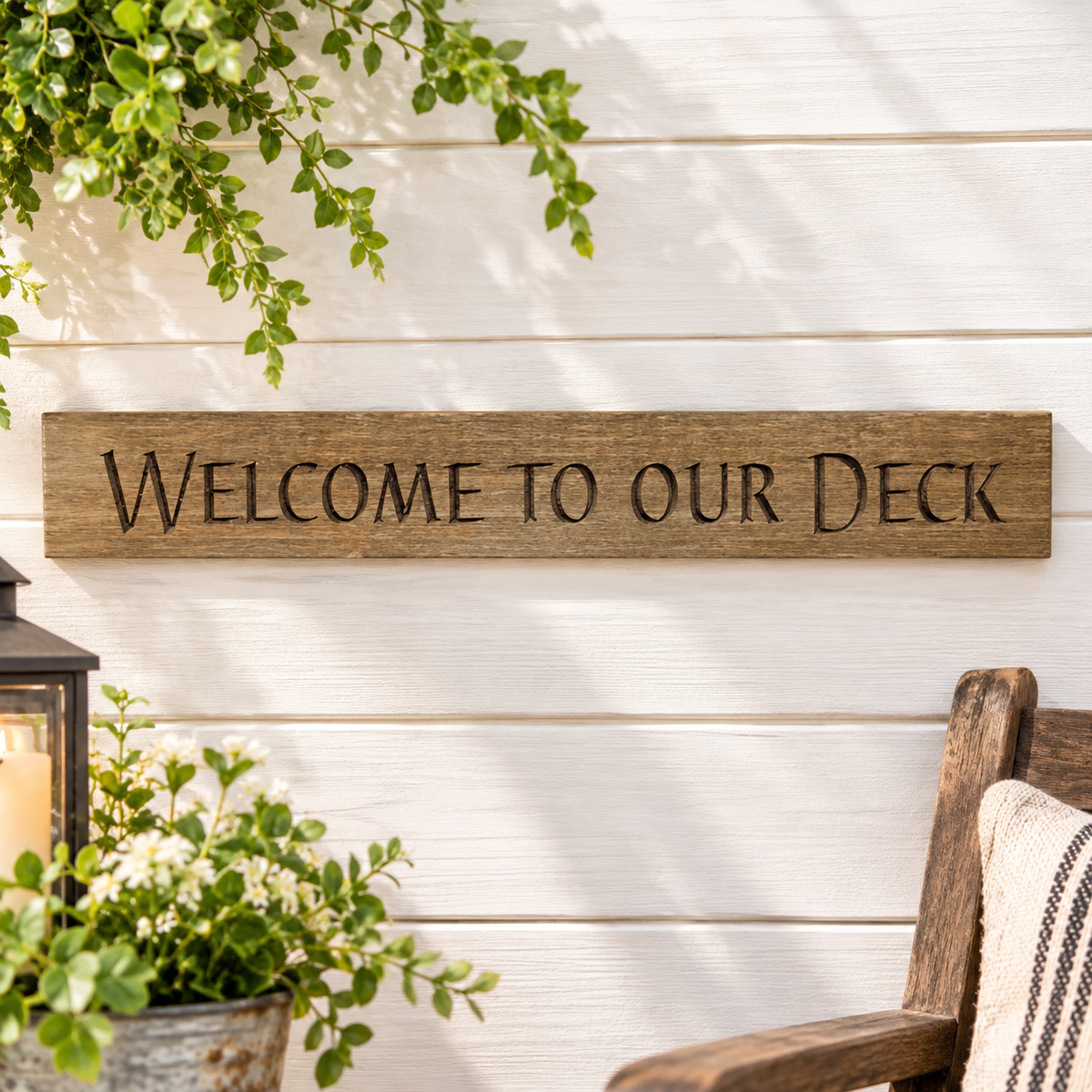 A rustic rectangular wooden sign reading 'WELCOME TO OUR DECK' mounted on a white shiplap wall, with green foliage and part of a wooden chair visible in the scene.