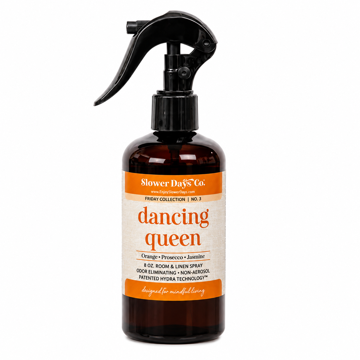 Dancing Queen Room & Linen Spray with orange, Prosecco, and jasmine fragrance in a dark Slower Days Friday collection bottle.