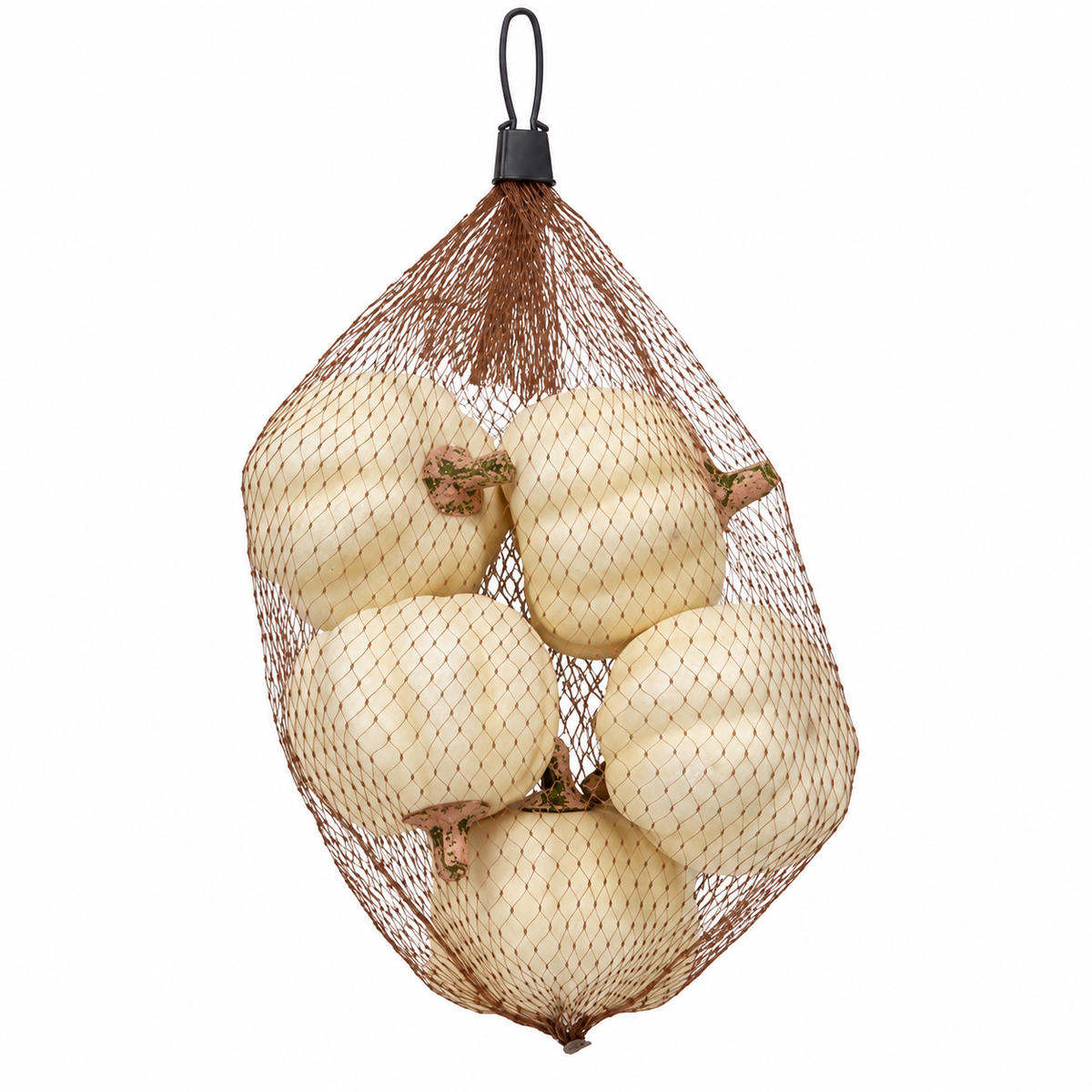 A mesh bag containing five decorative miniature pumpkins in a warm cream color, suspended against a plain white background.