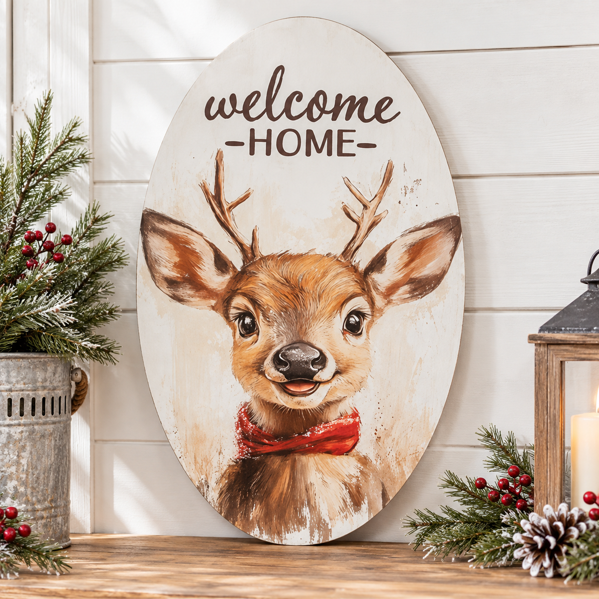 Oval wooden wall sign with a painted deer face and the words “welcome HOME” at the top, displayed on a wooden surface against a white shiplap wall with holiday greenery and a lantern around it.