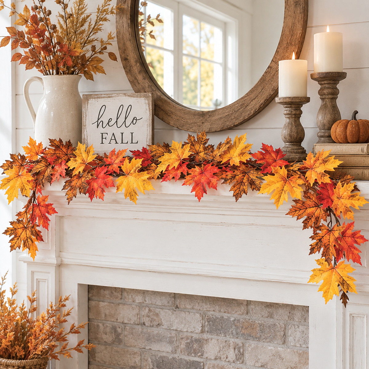 An autumn-themed fall leaf garland in vibrant orange, red, and yellow is draped across a white fireplace mantel. The mantel is styled with a white pitcher of dried leaves, a wooden sign that reads 'hello FALL', a large round mirror, two lit white pillar candles in rustic holders, a small pumpkin, and a stone fireplace.