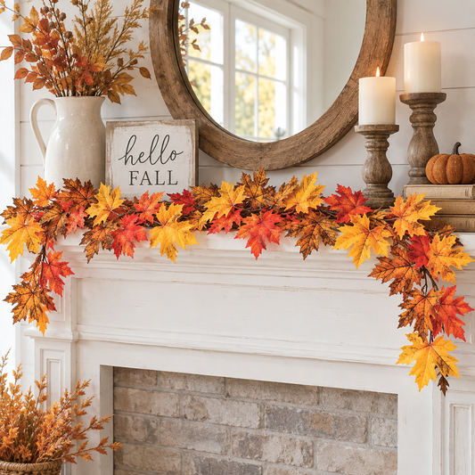 An autumn-themed fall leaf garland in vibrant orange, red, and yellow is draped across a white fireplace mantel. The mantel is styled with a white pitcher of dried leaves, a wooden sign that reads 'hello FALL', a large round mirror, two lit white pillar candles in rustic holders, a small pumpkin, and a stone fireplace.