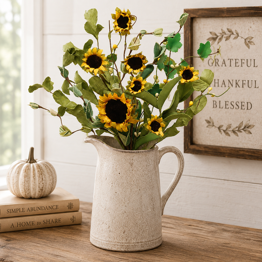 A rustic ceramic pitcher vase filled with artificial yellow sunflowers and green leaves, styled on a wooden table next to a small pumpkin and books, with a framed sign in the background.