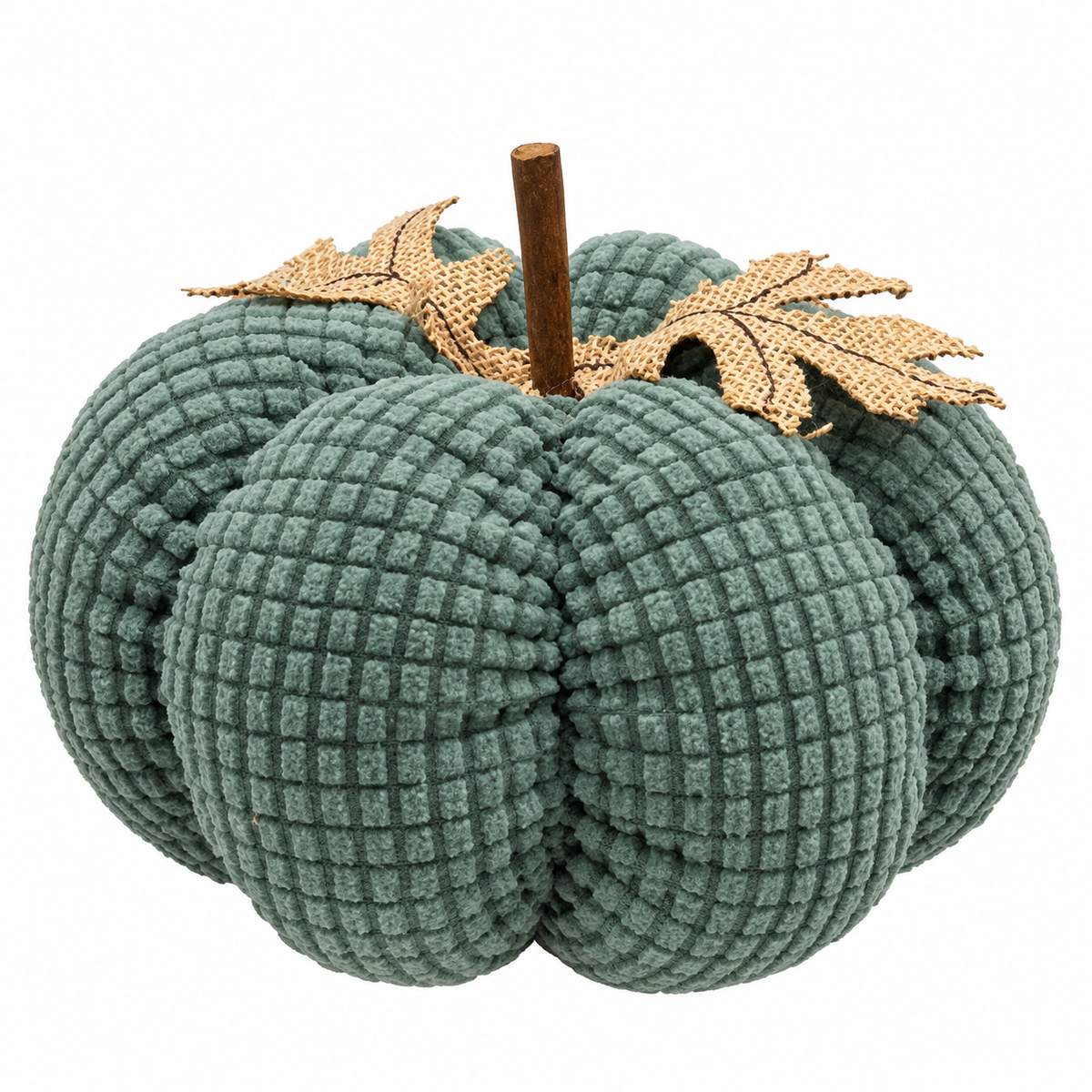 A green ribbed fabric pumpkin decoration with a brown stem and two gold burlap leaves, shown on a plain white background.