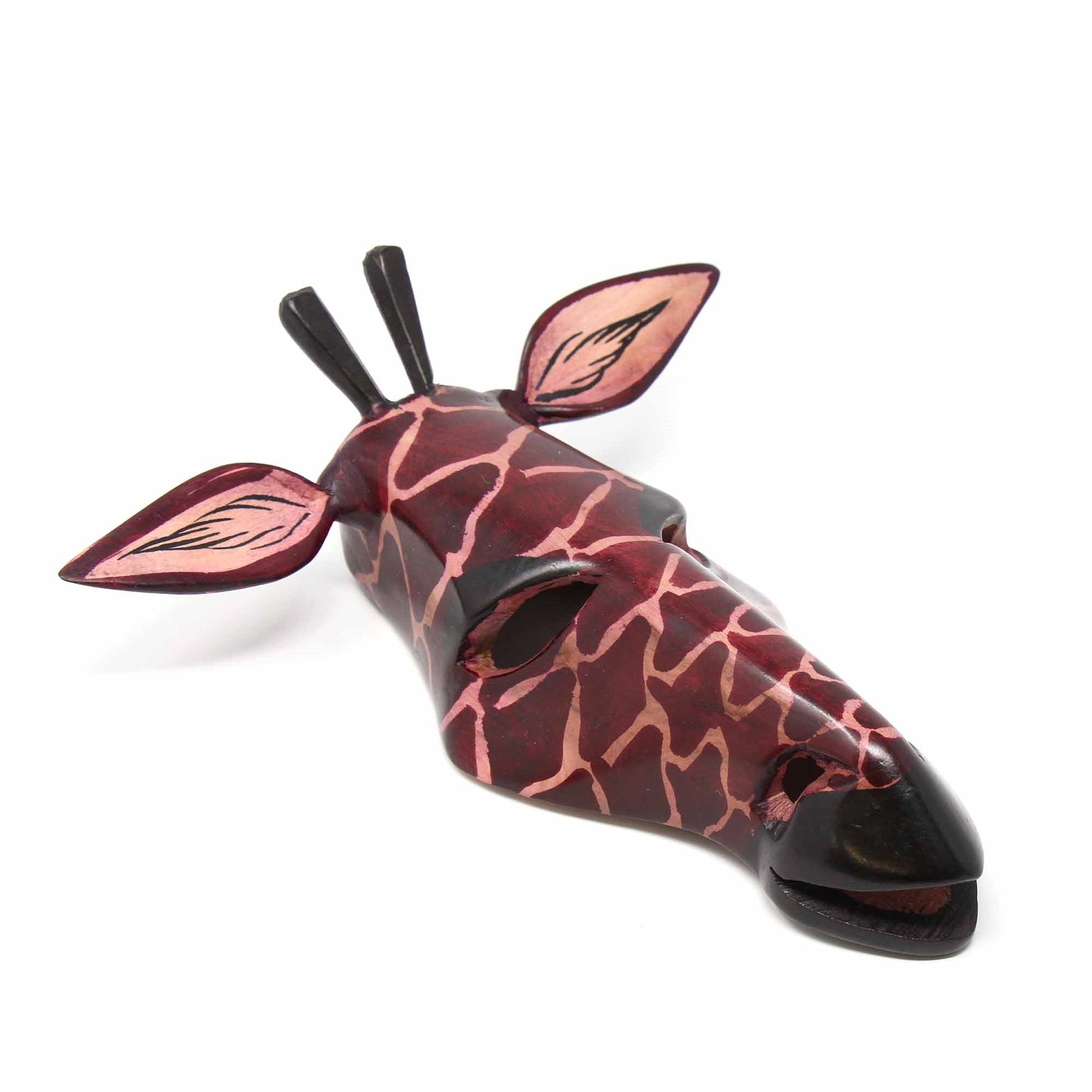 Fair Trade giraffe mask made from jacaranda wood, featuring intricate hand-carved details.