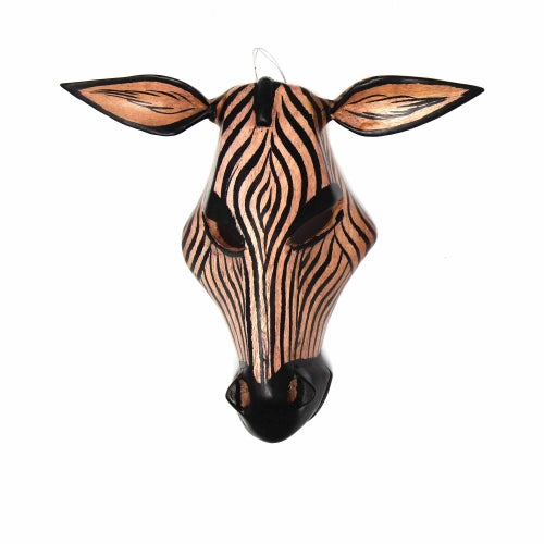 Hand-carved wooden zebra mask, crafted in Kenya for wall hanging or shelf decor.