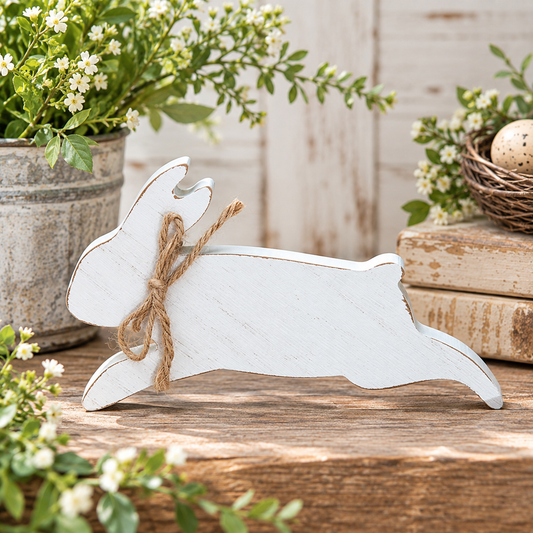 A white painted wooden bunny figurine with a rustic distressed finish and a tied jute bow, displayed on a wooden surface with decorative plants and books in the background.